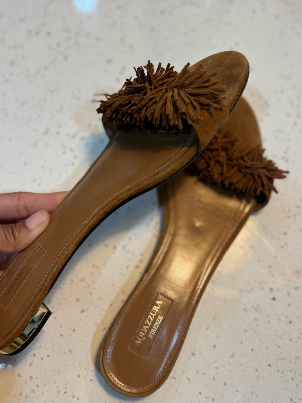 100% AUTH Aquazzura Brown Suede Fringe Slide Sandals - Picture 5 of 5